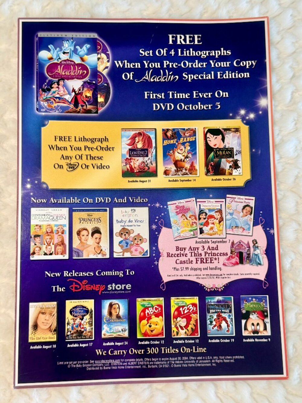 Vintage Disney Store Movie/Lithograph Cardstock Advertisement